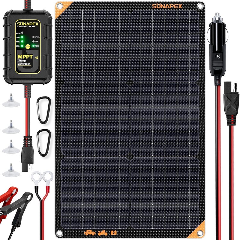 SUNAPEX 12V 30 Watt Solar Trickle Charger Maintainer with MPPT Controller - Portable Waterproof Solar Powered Battery Charger - Solar Panel Kit for Car Rv Trailer Truck Boat Automotive Marine - Image 1